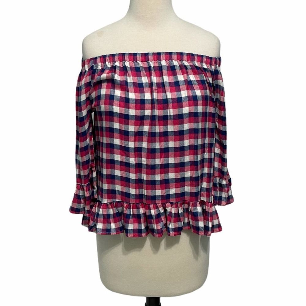 Jane & Delancey Blouse Picnic Pleasant Plaid Off The Shoulder Top Red Small‎